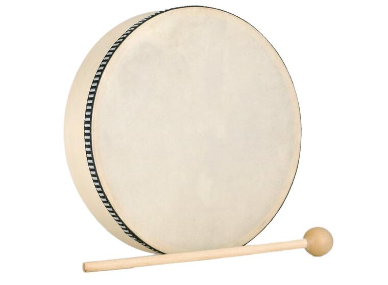 Tamburin med träklubba Handtrumma 22 cm i diameter 