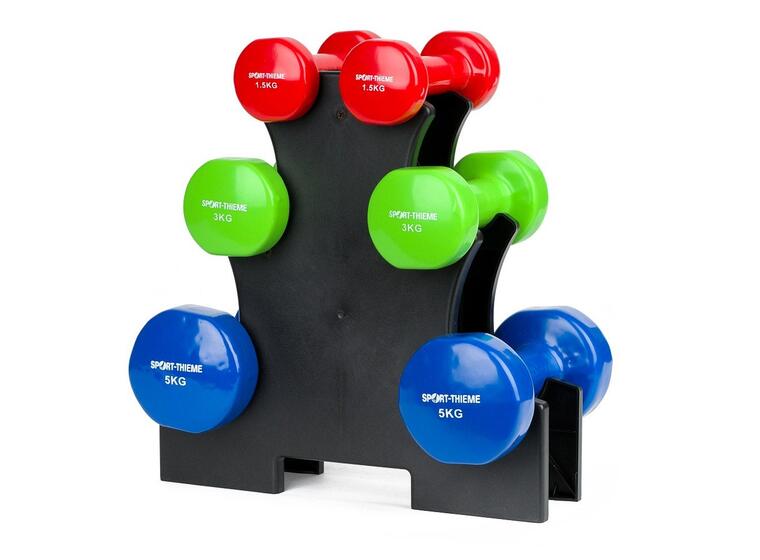 Hantelset i vinyl med ställning 3 par hantlar | 1,5 kg, 3kg, 5kg 