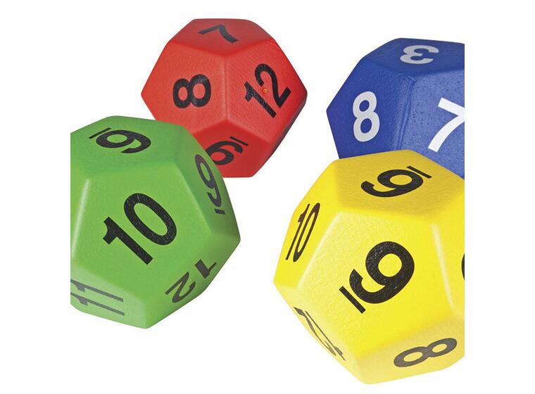 Tärningar 12 sidiga med tal 1-12 4 st | 18 cm skumtärningar med coating 