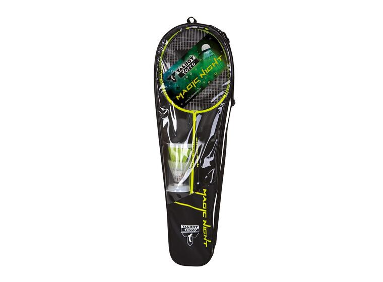 Badminton på kvällen och  natten 2 rack och 2 badmintonbollar som lyser 