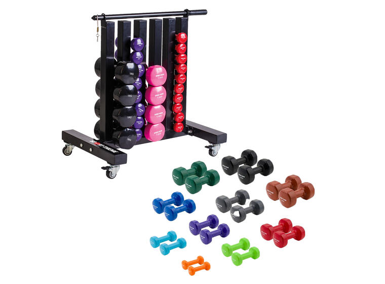 Sport-Thieme Vinyl hantelsett 1-10 kg med rullbart stativ 