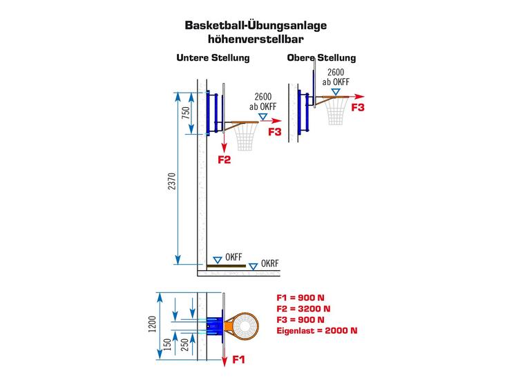 Basketbollställning vägghängd Justerbar höjd 2,60 till 3,05 