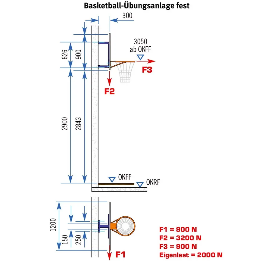 Basketbollställning vägghängd Ej justerbar höjd 
