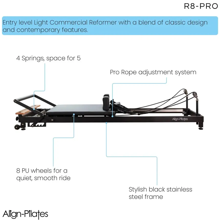 Pilates Reformer R8 Pro | Svart Pilatesbänk | Privatbruk 